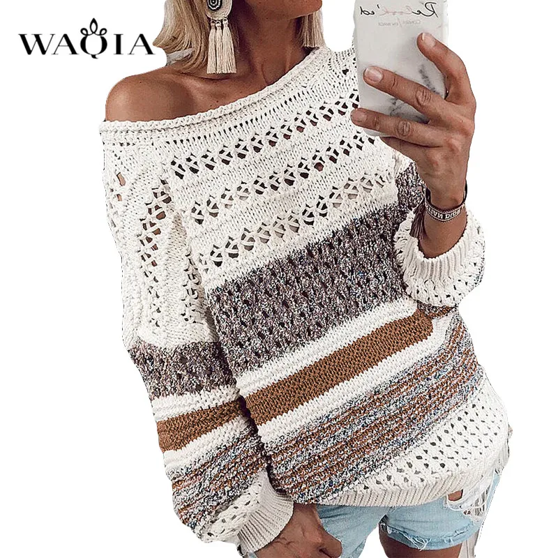 2XL Женский вязаный свитер с вырезами сексуальный открытыми плечами в полоску