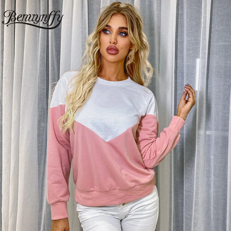 

Benuynffy Casual Round Neck Patchwork Sweatshirt Women Autumn Winter Color Block Long Sleeve Ladies Knitted Pullover Sweatshirts