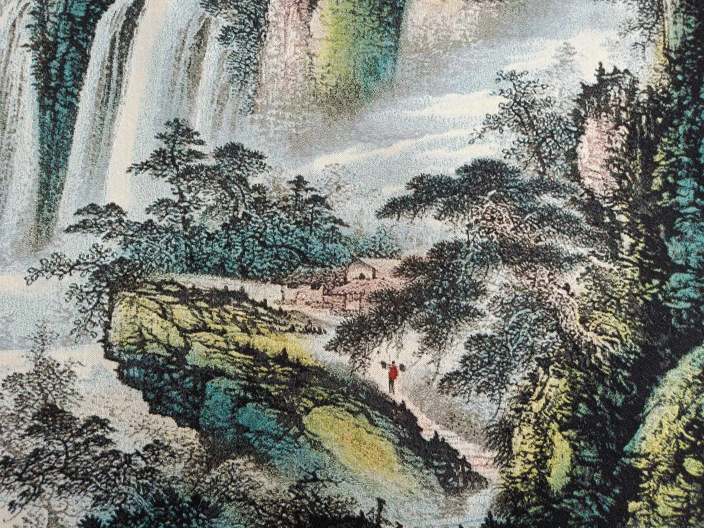 Китайская вышитая ткань 48 дюймов Шелковый белый Орлиный холм водный пейзаж