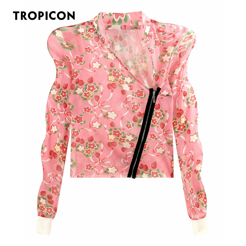 

TROPICON Pink Floral Print Long Sleeve Top And Blouse Women Skew Collar Zipper Up Puff Sleeve Designer Ladies Top Clothing