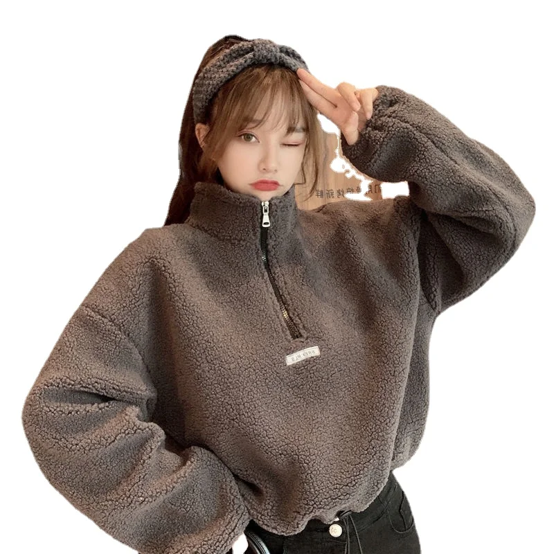 

Autumn winter hoodies women new imitation lamb velvet short plus velvet thick hooded sweatshirt female loose student jacket tops