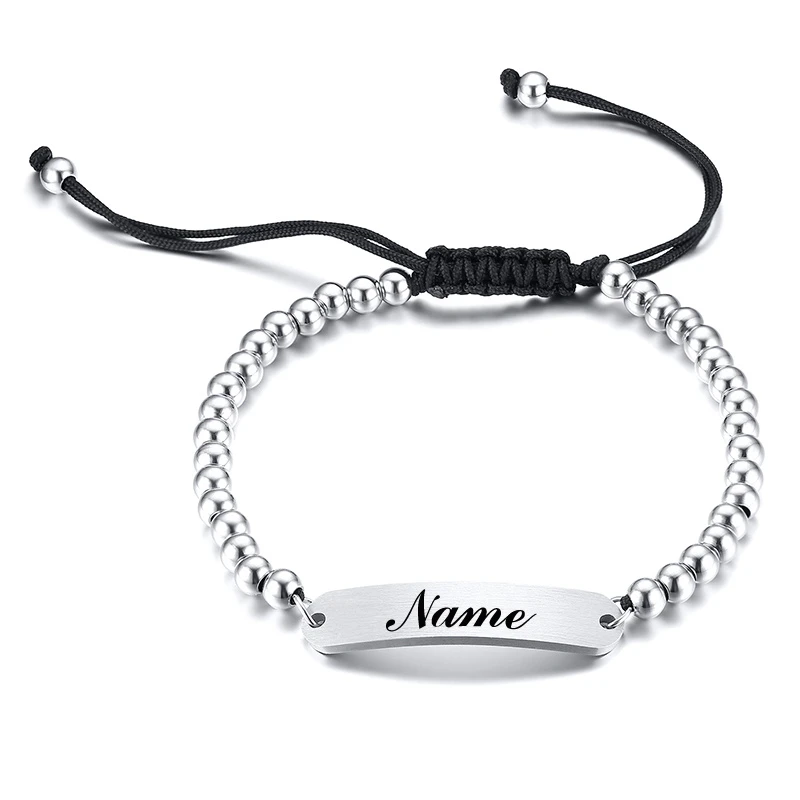 

Fashion Customized Beads Bracelets Engrave Name Date Bracelets Stainless Steel Engrave Bangles For Men Women