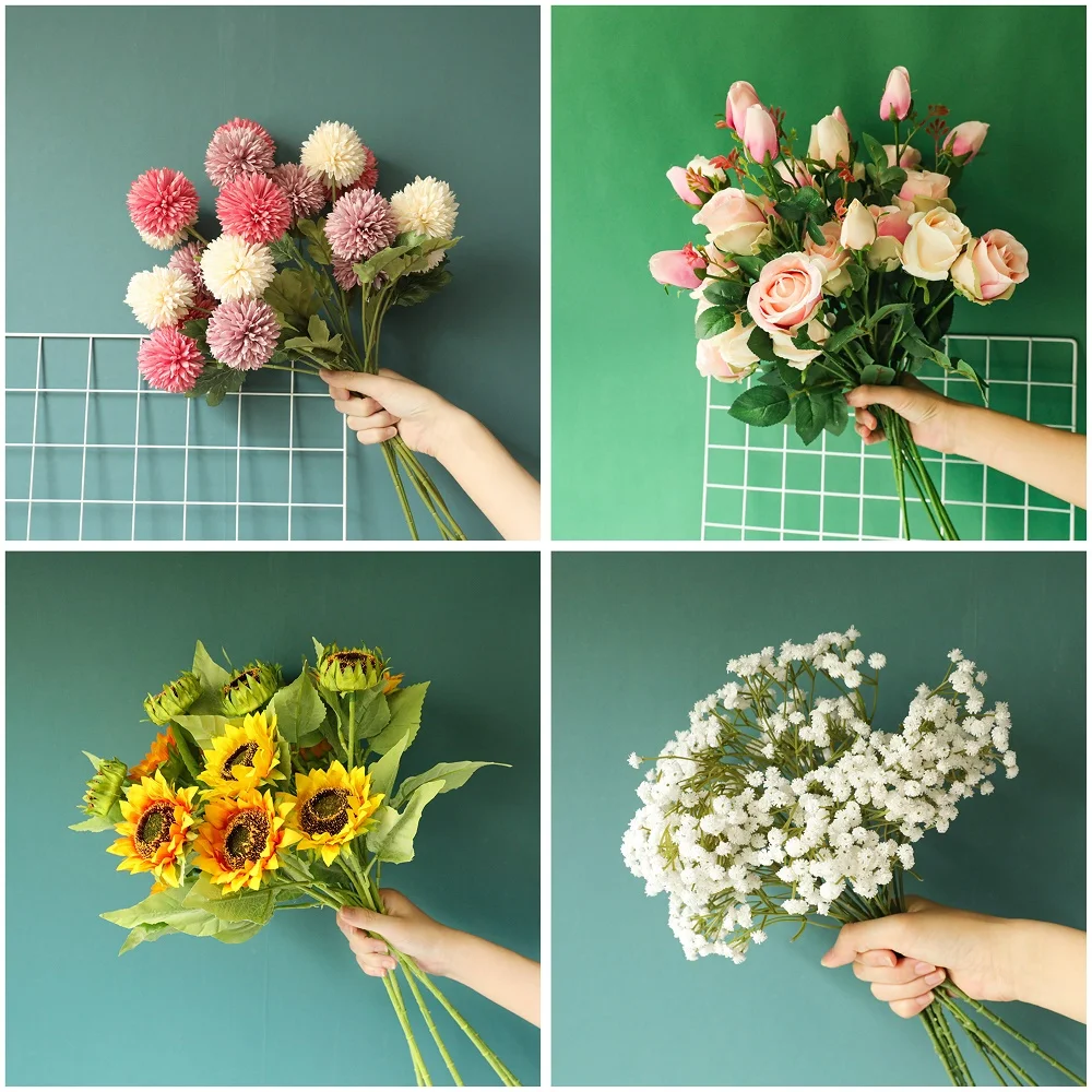 

Flowers Artificial Silk Rose Hydrangea Sunflower Dandelion Plastic Gypsophila Green Monstera Eucalyptus for Home Decor Wedding