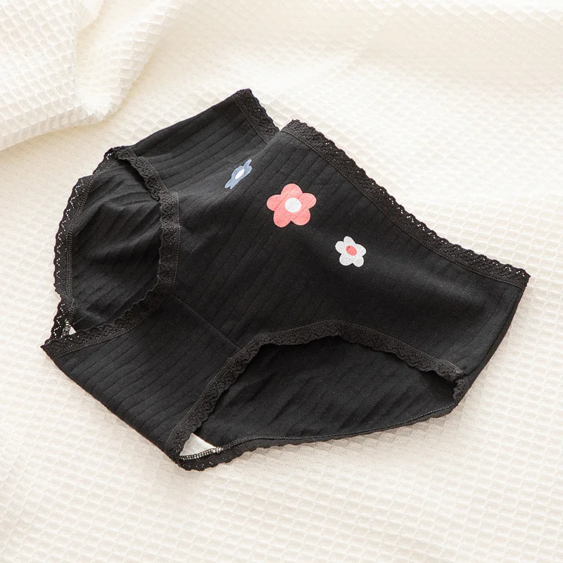 

3Pcs Women Panties Cotton Briefs Girls Cute Underwear Black Flower Underpants Lingerie Intimates Size M-XL