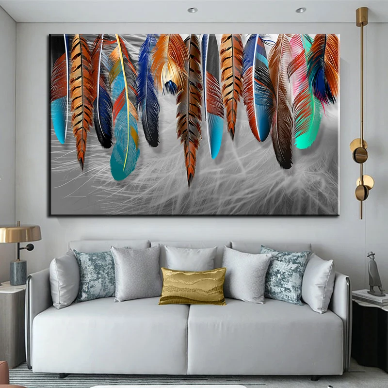Настенная картина с разноцветными перьями в скандинавском стиле|Рисование и