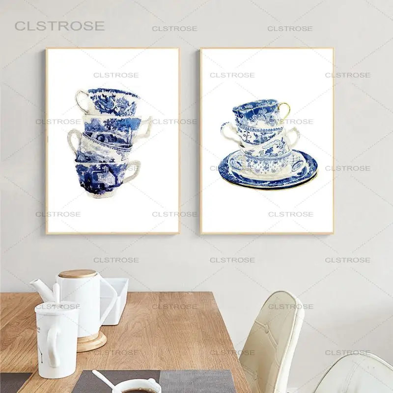 

Tea Cups Watercolor Art Canvas Prints Vintage Blue White Tea Cup China Art Canvas Painting Wall Art Pictures Poster Home Decor