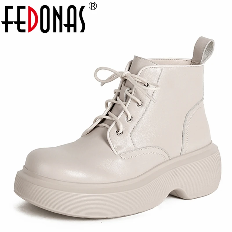 

FEDONAS Fashion Concise Lace-Up Women Ankle Boots Genuine Leather Platforms Thick Heels Casual Shoes Woman 2021 Autumn Winter