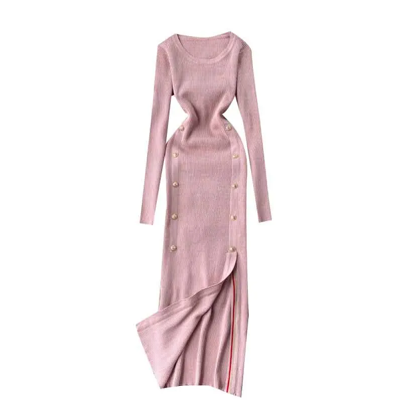 

Retro Women Sweater Dress New 2020 Fashion Autumn Winter Knitted Bodycon Dress Elegant Ladies Double Breasted Buttons Midi Dress