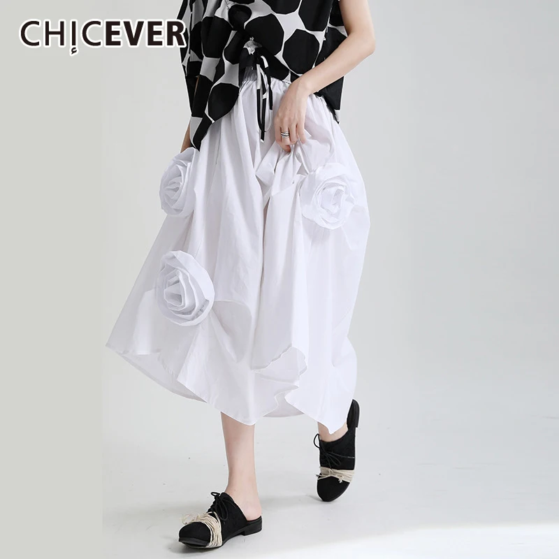 

CHICEVER белая Лоскутная Цветочная юбка для женщин с высокой талией трапециевидная Однотонная юбка миди Женская корейская модная одежда 2021 нов...