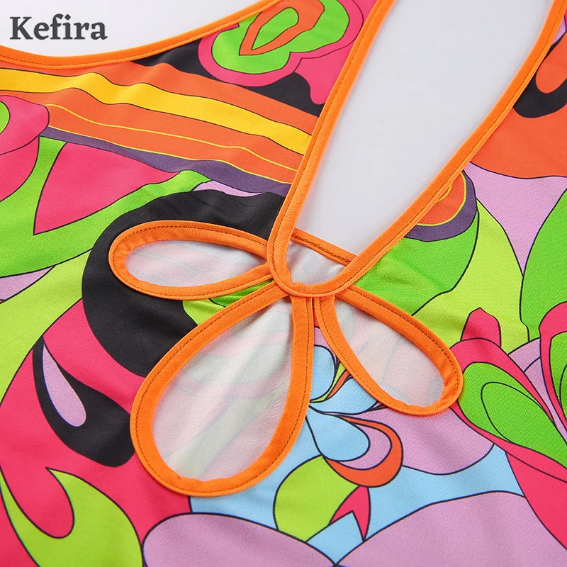 

Kefira 2021 Y2K Print Halter V Neck Hollow Out Bodycon Dress Woman Sexy Backless Off Shoulder Street Summer Party Beach Dresses