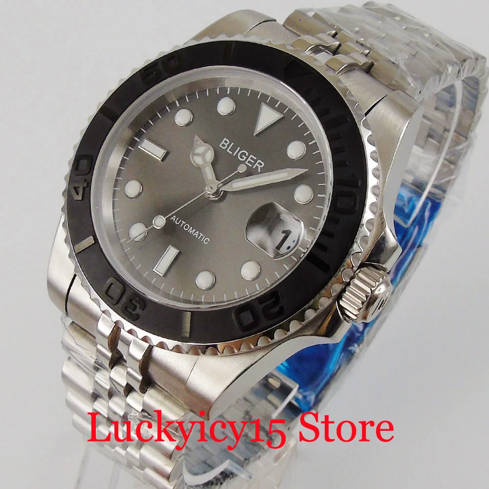 

BLIGER Grey NH35 Movement Automatic Men Wristwatch Jubilee Band Black Ceramic Bezel Insert