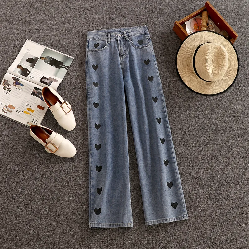 

2021 New Wide Leg Jeans Women Love Printing Vintage Harajuku Loose Casual Denim Pants Spring Street High Waist Woman Trousers