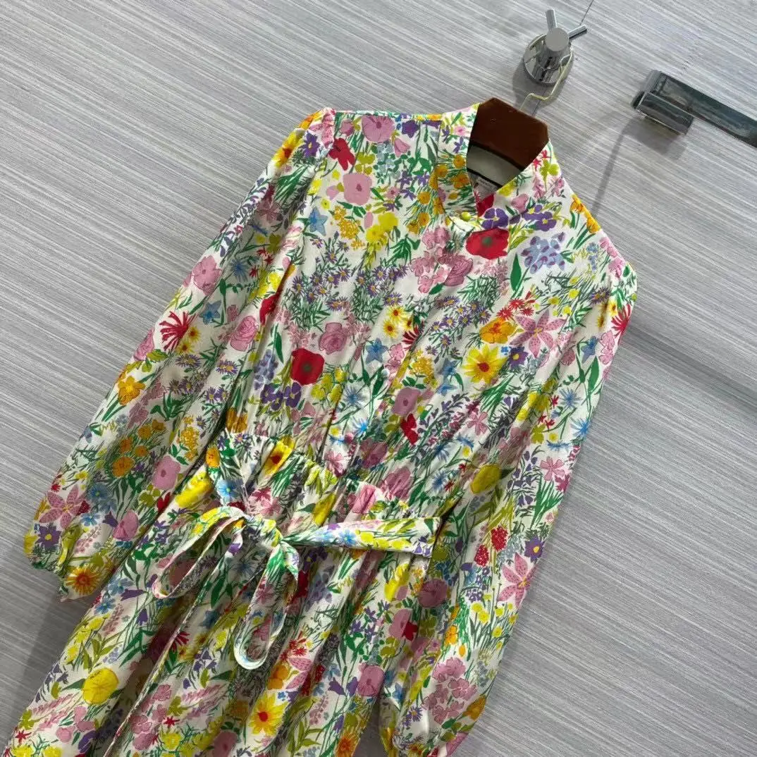 

High Quality Woman Silk Long Dress Fashion Runway Flowers Print Long Sleeve Belt Holiday Party Top Dress