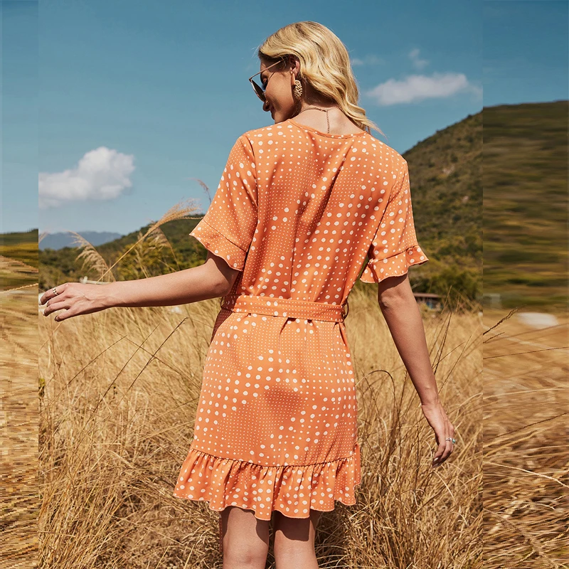

Women's Dot Print Summer Ruffle Dress Short Sleeve V Neck Ladies Casual Mini Dress with Sashes Holiday Style Dress for Female