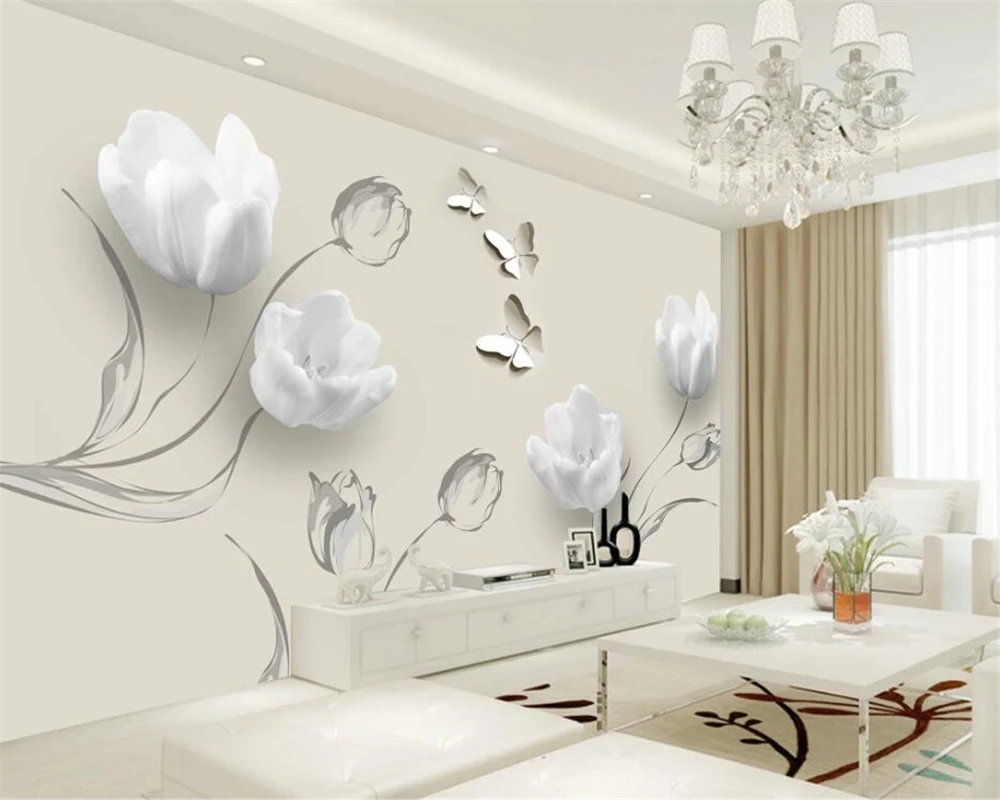 beibehang Customized new wallpaper fashion simple tulip butterfly 3D TV background papel de parede wall papers home decor | Обустройство