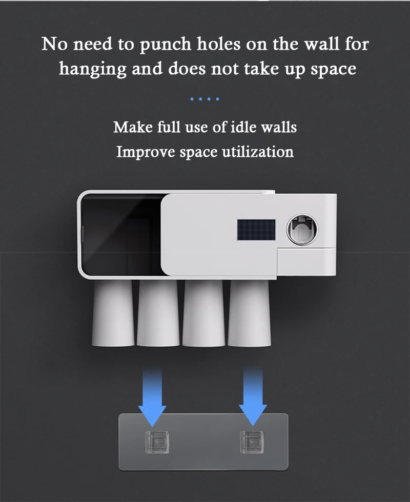 

Electric UV Toothbrush Holder Sterilizer and Auto Toothpaste Dispenser 4 Cups Set Wall Mounted USB Or Light Energy Charging