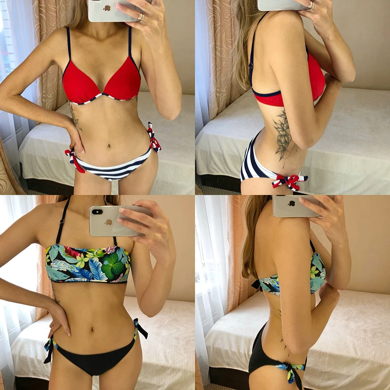 

Sexy Push Up Bikini 2020 New Micro Swimwear Women Print Swimsuit Female Striped Low Waist Bandage Bikini Set Two-Piece Suits XL
