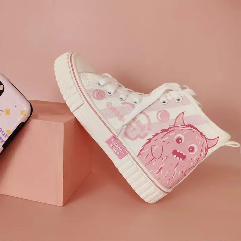 

Japanese Cartoon Pink Monster Hand Painted Canvas Shoes Women High-Top Casual Sneaker Harajuku Girls Student Vulcanize Shoes