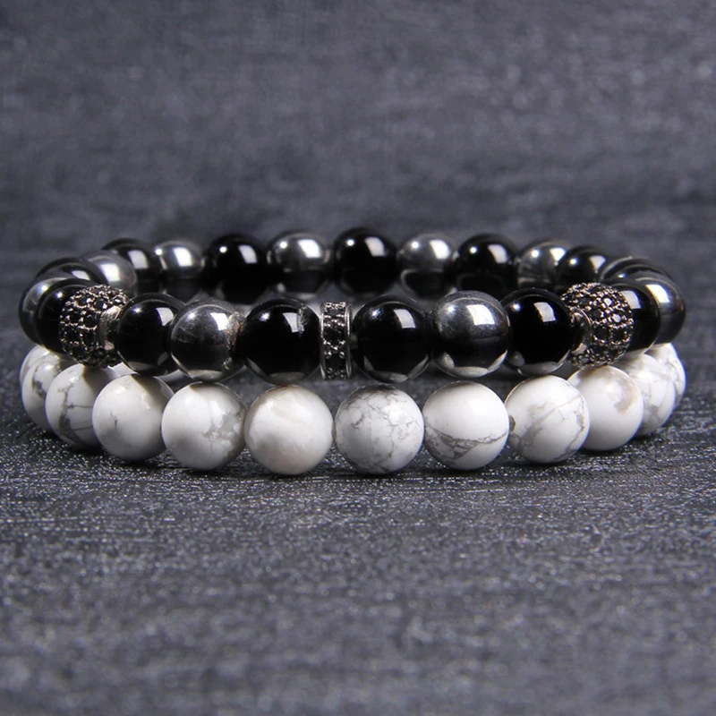 Мужской браслет с бусинами из гематита и натуральным камнем 8 мм 2 шт.|Плетеные