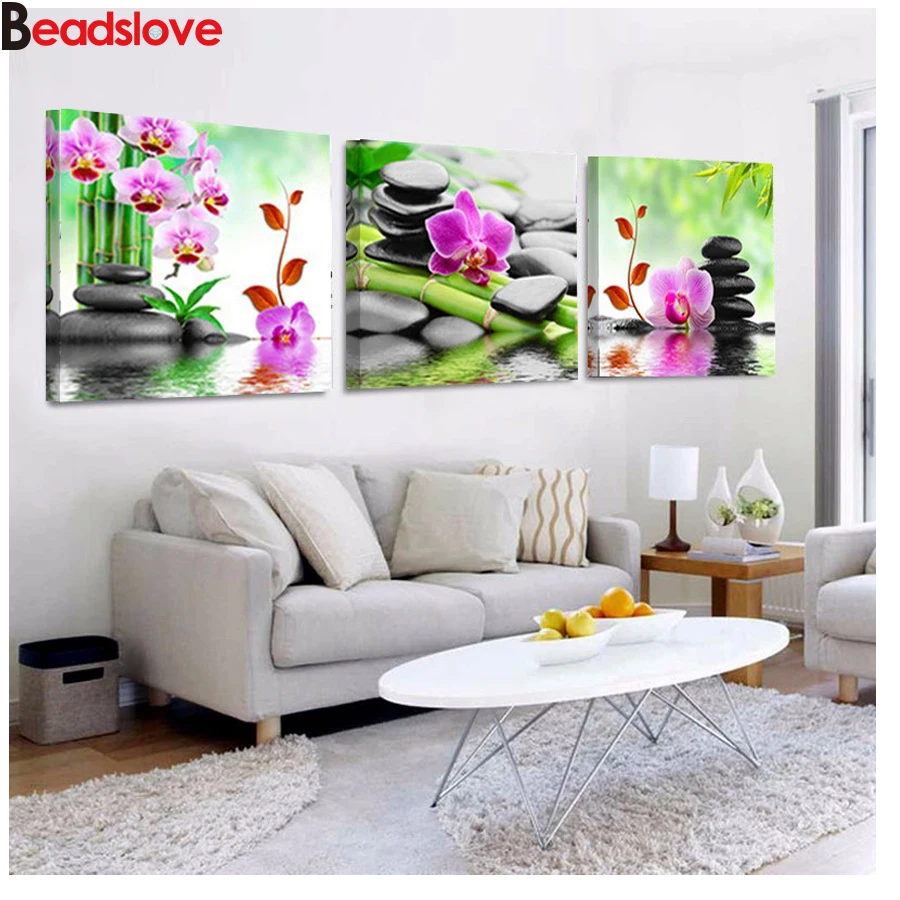 

5D Diy квадратная Алмазная картина Орхидея, наборы крестиков, мозаичная живопись, бамбук, черный Spa Zen Stone, 3 шт., рисунки, вышивка, искусство