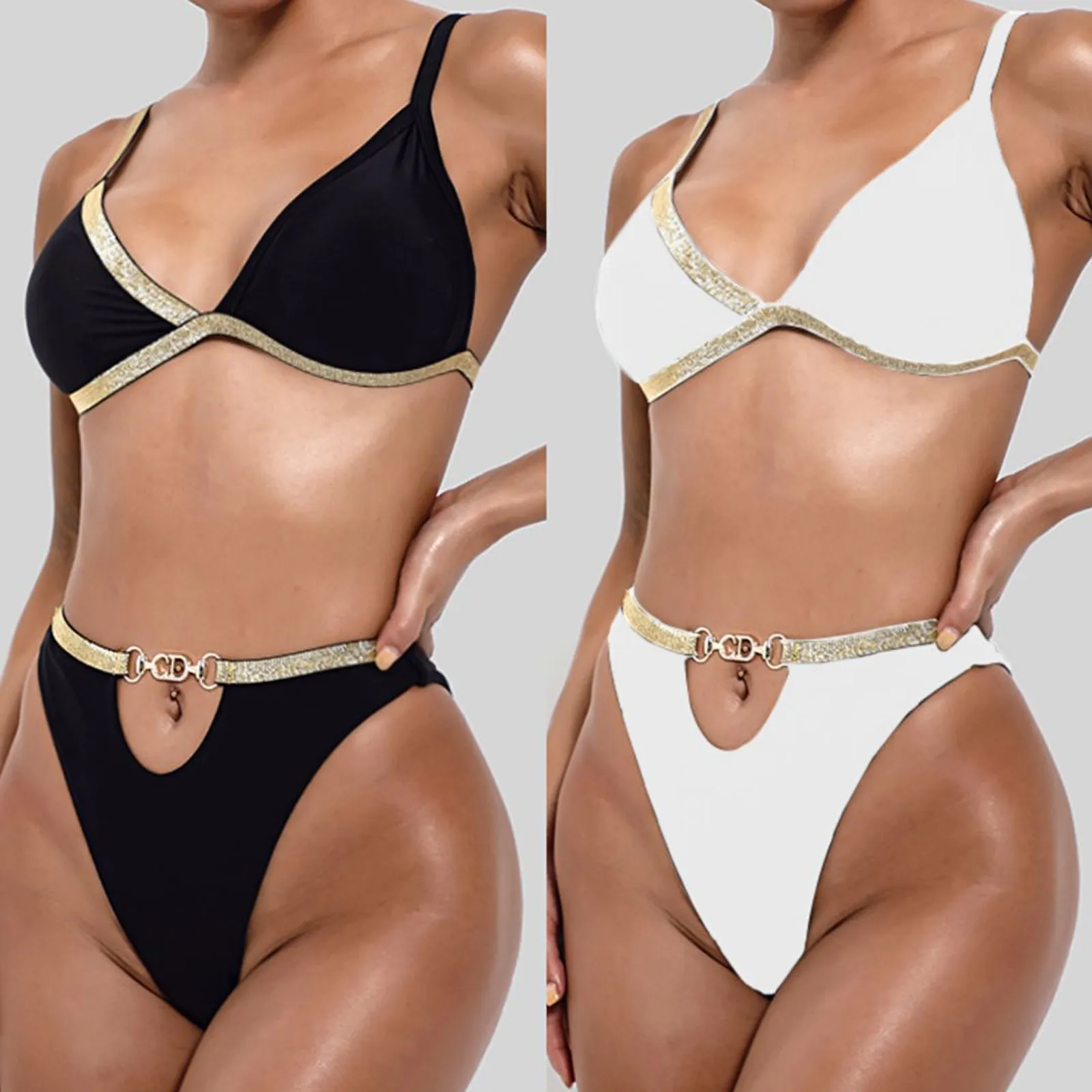 

Women Solid Sexy V-Neck Hollow Out Metal Button Mid Waist Swimsuit Beachwear Sequins Decoration Swimwear 2pcs Bikini Set biquini