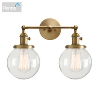Permo Double Sconce Vintage Industrial Antique 2-Lights Wall Sconces with Dual Mini 5.9" Round Clear Glass Globe Shade (Antique