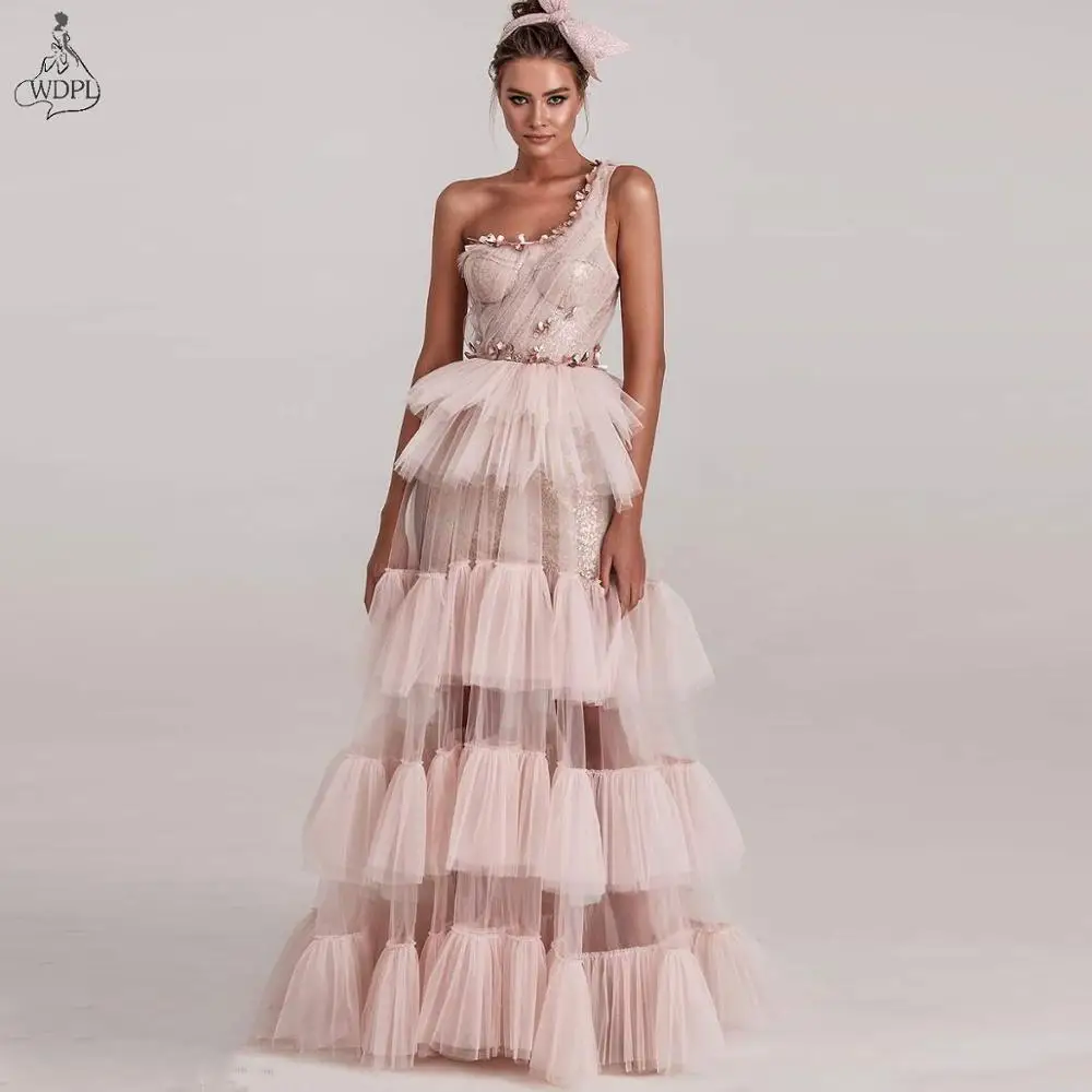 

2021 модное пыльное розовое длинное платье для выпускного вечера юбка на одно плечо блестящая подкладка элегантное вечернее платье трапецие...