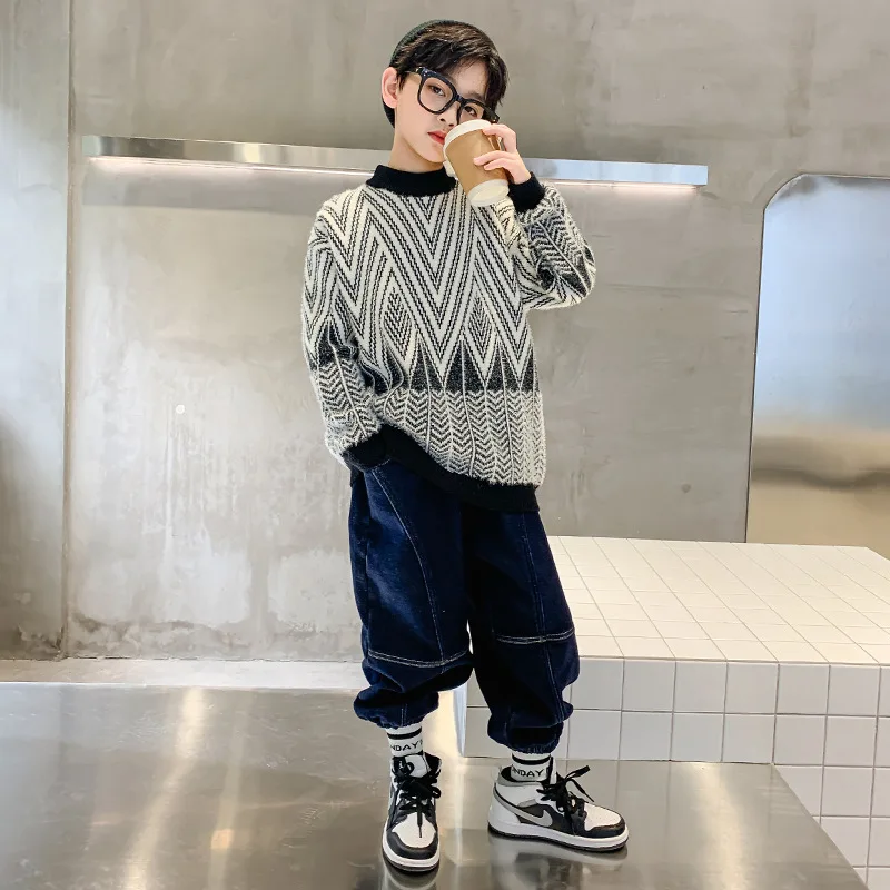 

Kid Boy Harajuku Loose Thick Sweater Children Loose Vintage Long Sleeve Knitted Sweater Streetwear Round Neck Pullovers Knitwear