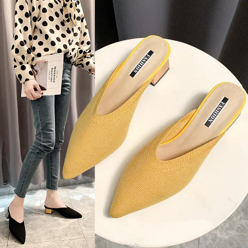 

Slippers for Women Outer Wear 2021 Summer New Thick-heeled Baotou Half Slippers Lazy Drag Breathable Knitted Sandals High Heels
