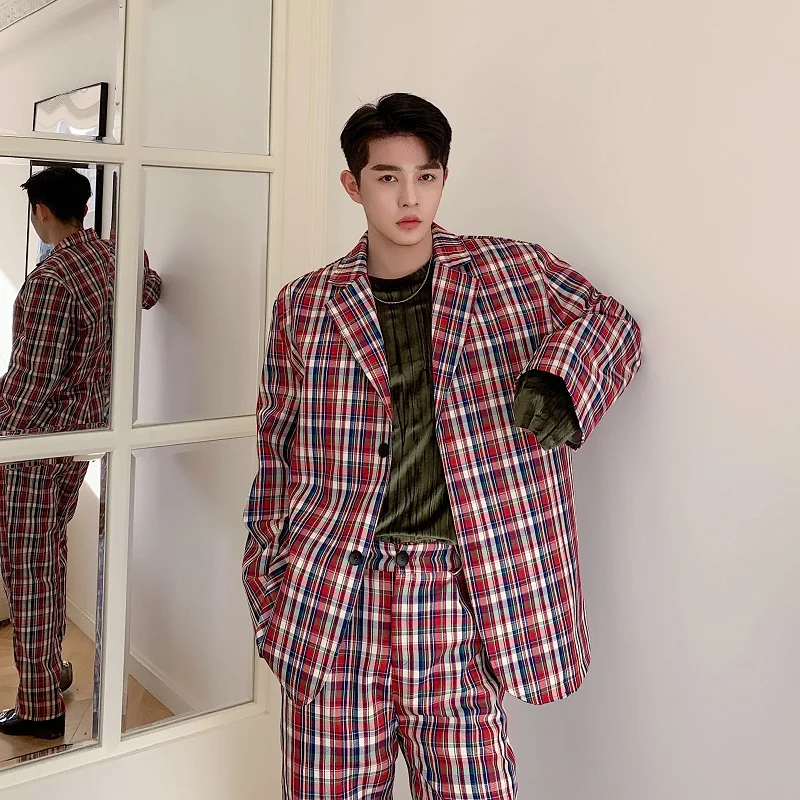 Блейзер в клетку красного и синего цвета с брюками из полиэстера | Пиджаки