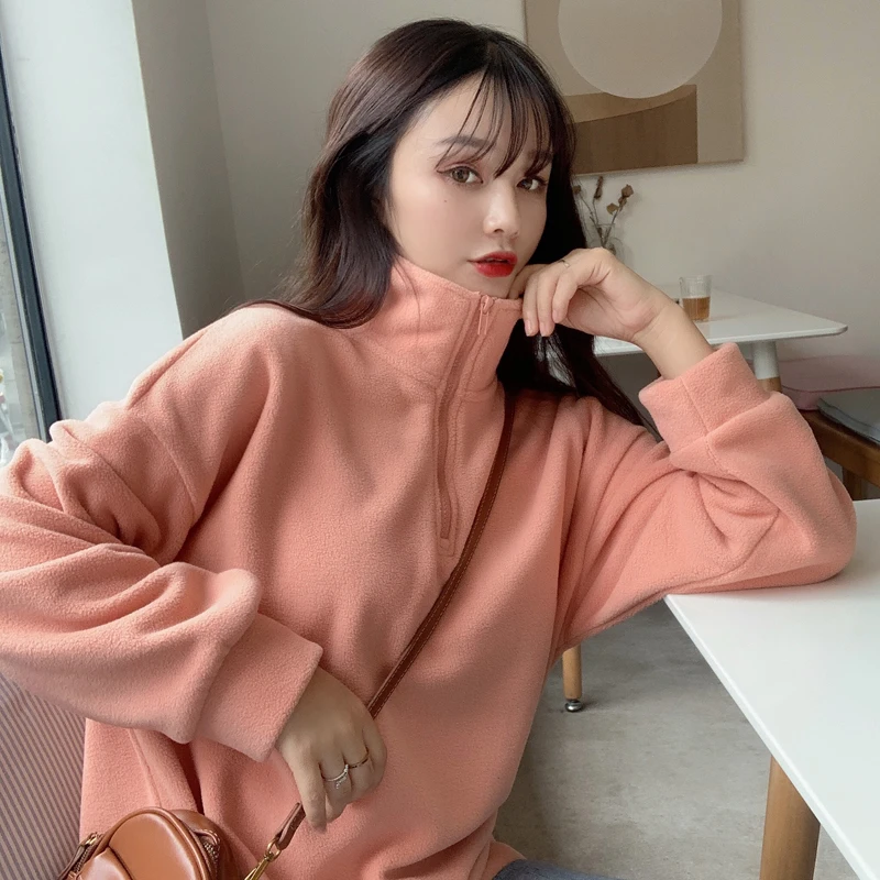 

Half High Collar Plus Velvet Sweater Women Loose Zipper Top Solid Color Hoodie Sweatshirts Fall 2021 Women