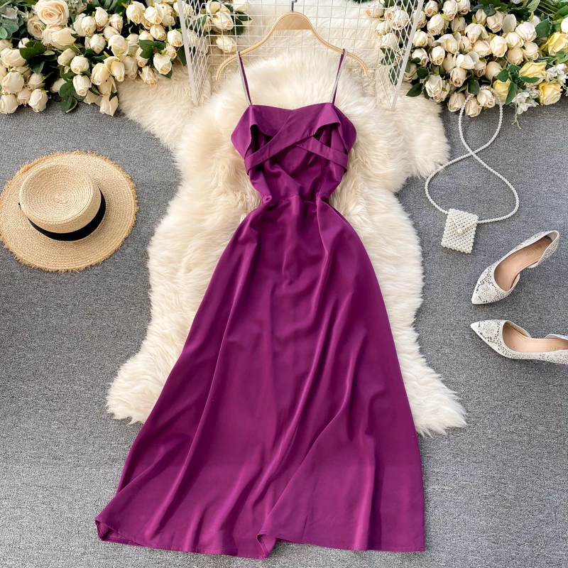 

Purple/Blue/Red Vintage Party Long Dress Women Sexy Spaghetti Strap Open Back High Waist Casual Vestidos Female Summer New 2021