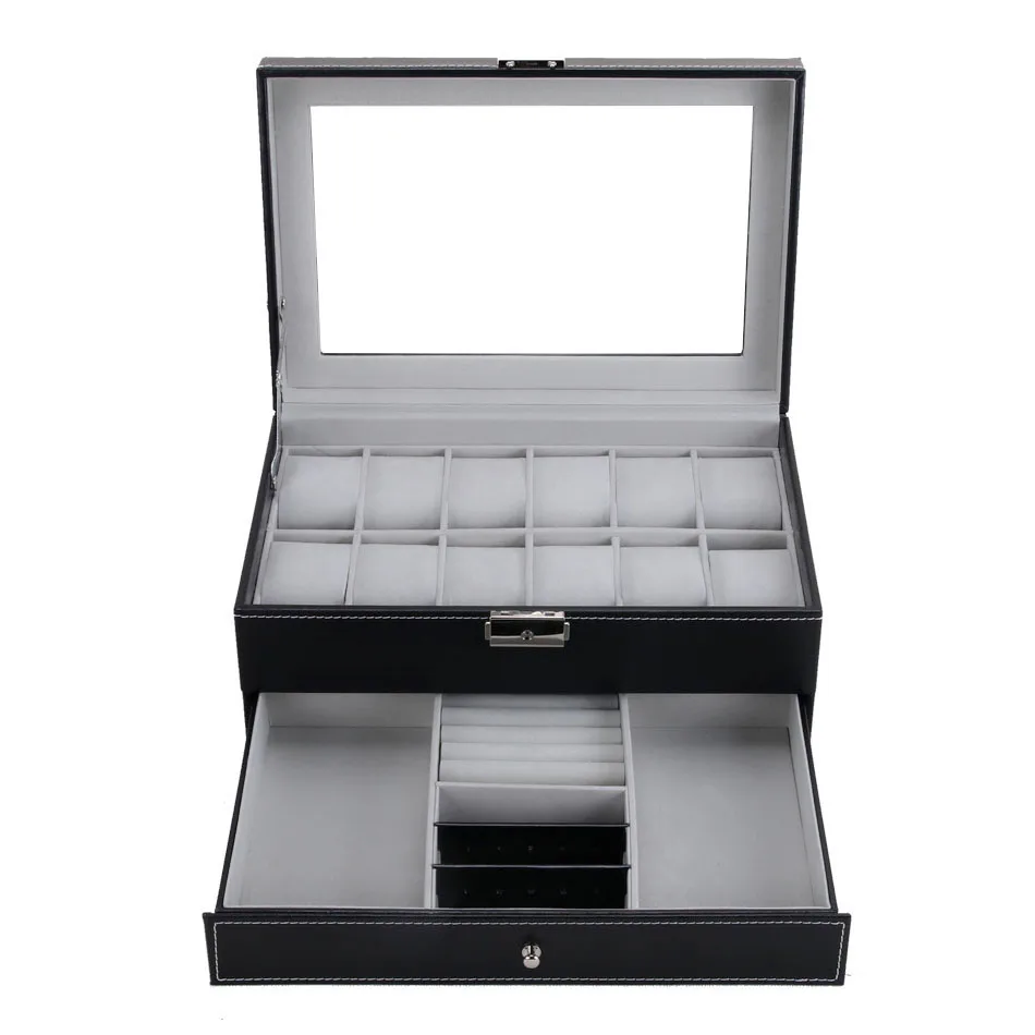 

Black 12 Grids Watch Case Jewelry Display Case Storage Box Organizer Dual Layer Glass Top Collection Holder