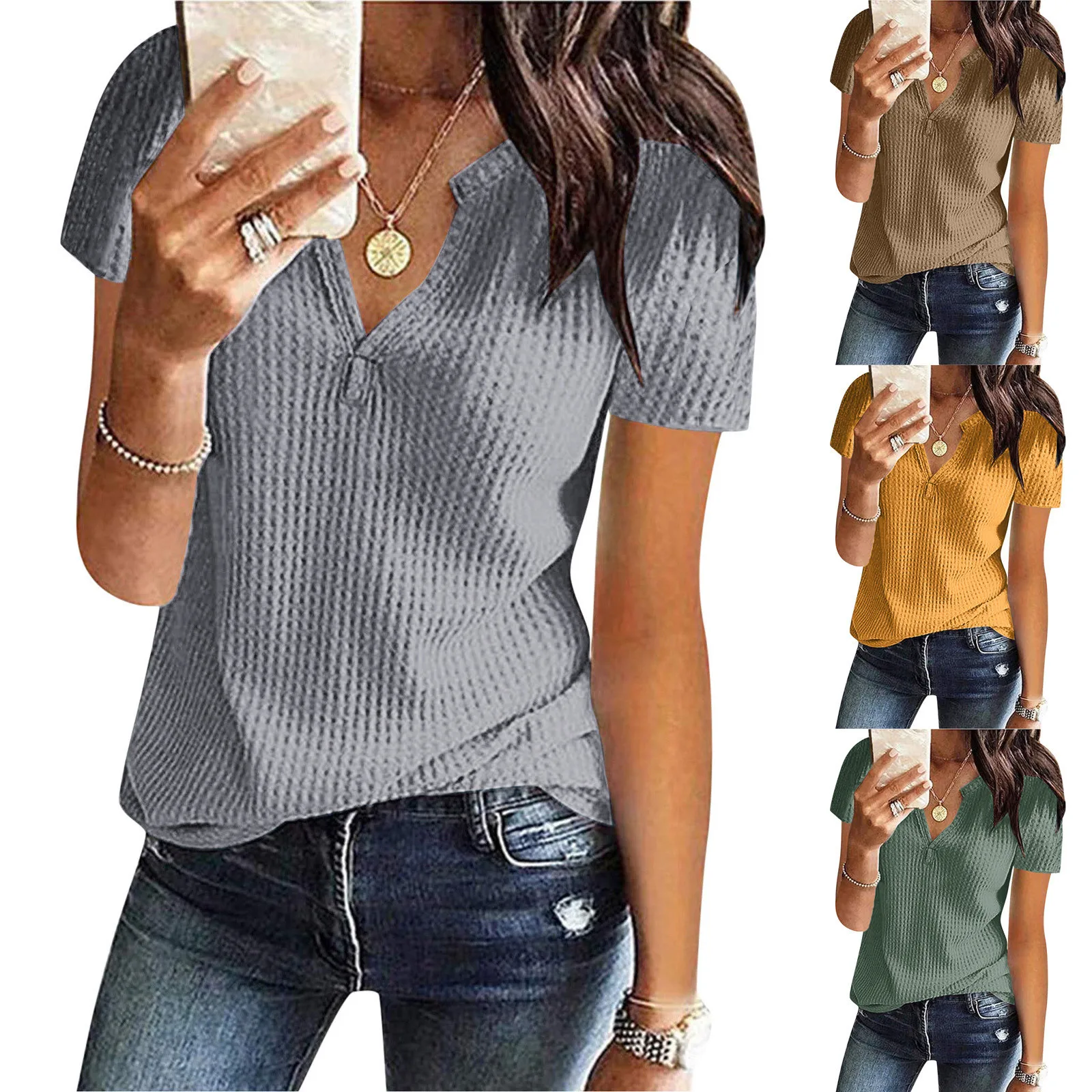 

Women Summer Fashion Knit Short Sleeve Tunic Top V-neck Loose kwaii T-shirt camisetas de mujer ropa mujer#Q