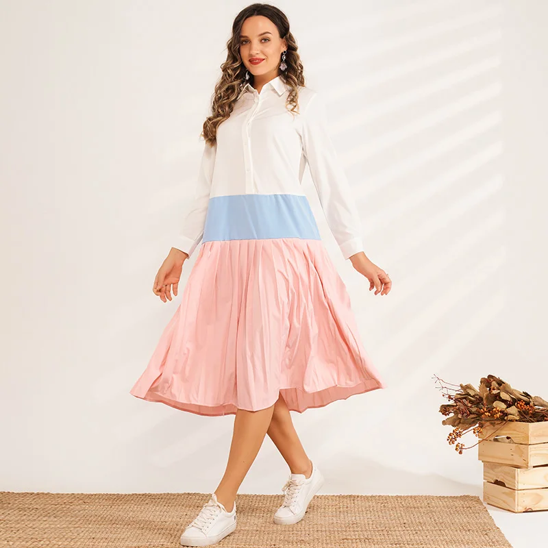 

New Products for Spring Women's Fashion Colors Stitching Hem Pleated Mid-length Wild Loose Sweet Shirt Sweet Pink Dress