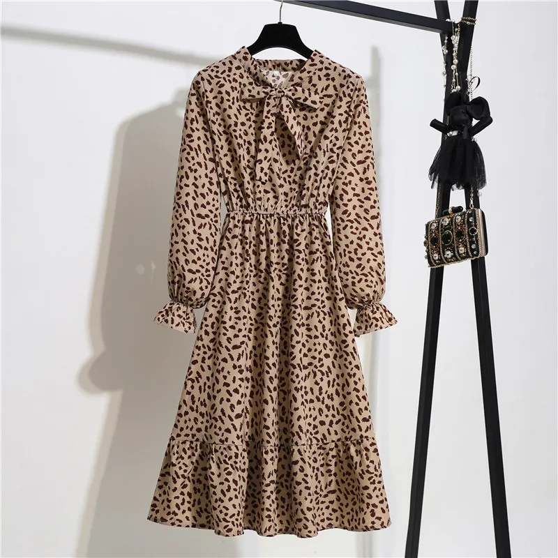 

Korean Robe Femme Floral Print Vintage Dress Ruffles A Line High Waist Dress Bow Collar Chiffon Midi Dress Party Casual Vestidos