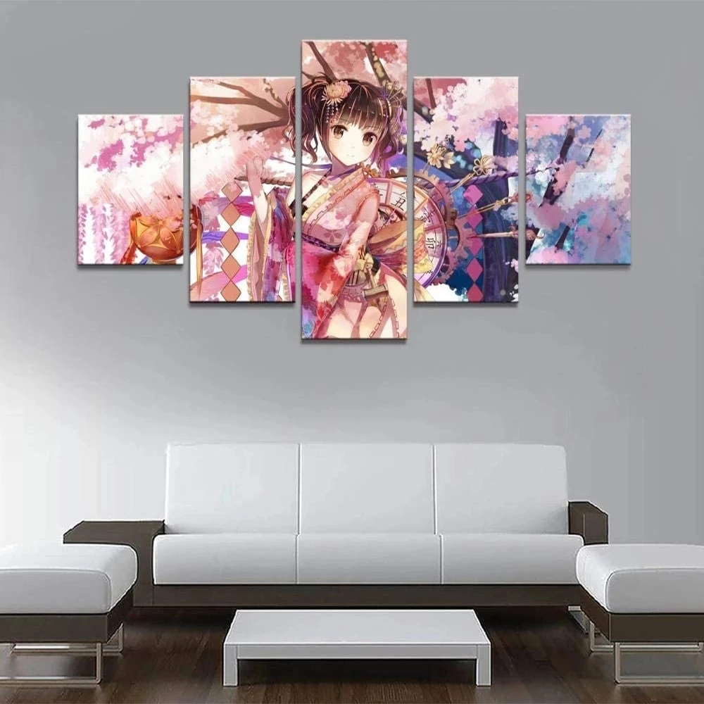 

5 Piece Canvas Anime Figuur Kimono Meisje Foto Posters Wall Art Painting Print Pictures Moderne Living Room Home Decor Modular