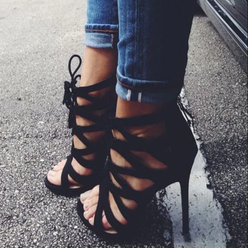 

Sexy Black Suede Cross Strap Sandals High Heels Lace-up Hollow Cage Shoes Peep Toe Cut-outs Gladiator Heels Dress Shoes