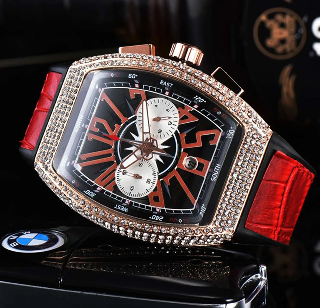 

2021 AAA Luxury Men's Watch FM Sports Watch Diamond Bezel Small Three-Hand Quartz Watch Black Rubber Strap Fashion30M Waterproof