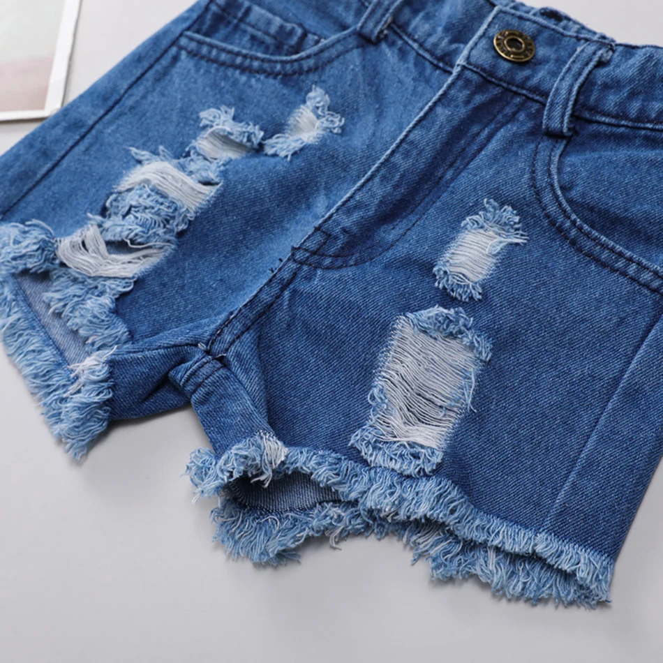

2021 New Summer Fashion Flower Print Children Clothing Tops + Ripped Denim Shorts 2Pcs Girls Set Soft Baby Girl Outfit for Kids