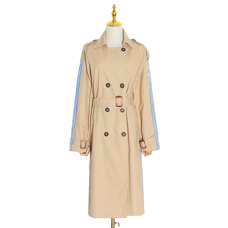 

SuperAen 2021 Spring New Style Casual Turn Down Collar Lace Up Stripe Patchwork Loose Windbreaker Medium Length Women Coats