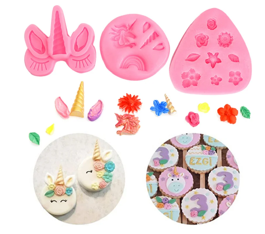 

3D 2 PC Random Flowers and Unicorns Silicone Molds Fondant Craft Cake Candy Chocolate Sugarcraft Ice Pastry Baking Tool Mould