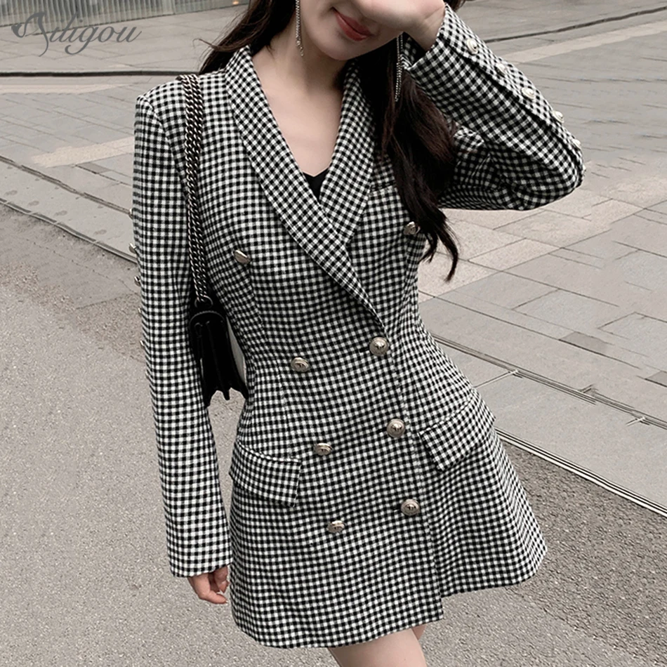 

Ailigou 2021 New Style Casual Ladies Plaid Jacket Lion Button Office Ladies Pocket Blazer, High Quality Ladies Plaid Jacket
