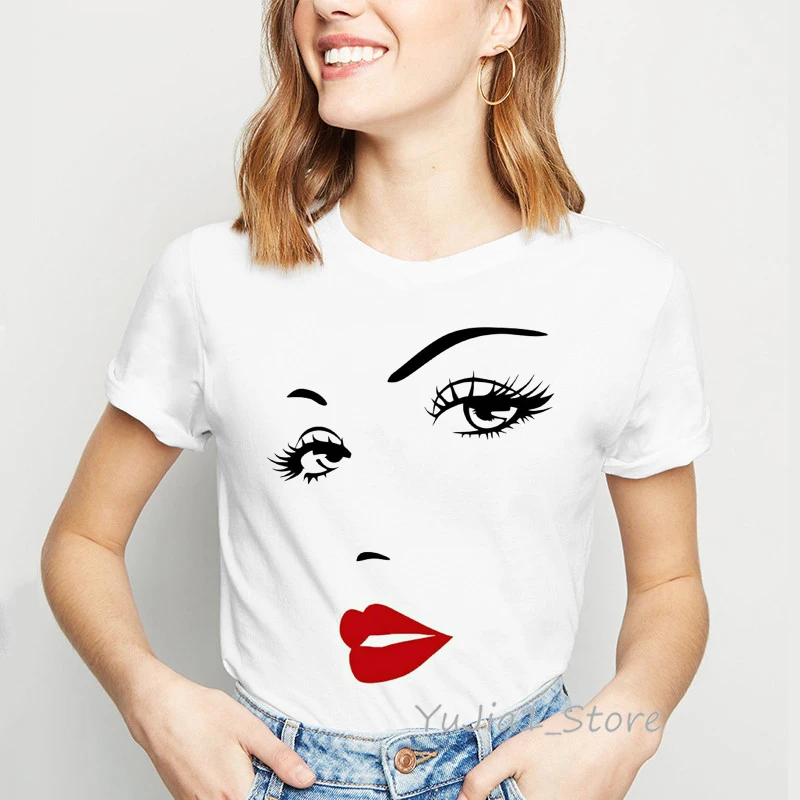 

Women Shirts Pink Eyelashes Print Female T-shirt Harajuku Summer Princess Vogue T Shirt Makeup Art Top Streetwear Short Clothes
