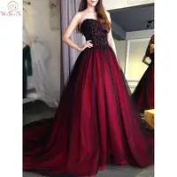 Evening Party Dresses 2022 Black Red Lace Applique Bead Strapless A Line Sweep Train Court Train Prom Gowns for Women Customize