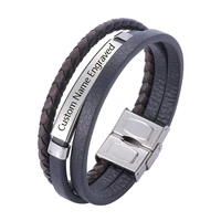 trendy men multilayer leather braided wrist bracelet stainless steel custom name vintage male boys bangles hand jewelry kz1155