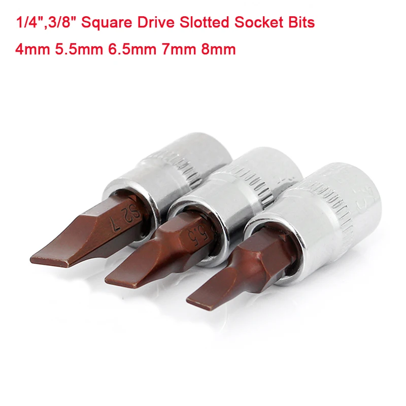 

1Pcs 1/4",3/8" Square Drive Slotted Socket Bits 4mm 5.5mm 6.5mm 7mm 8mm Screwdriver Bit Auto Repair Tools with Spanner Ratchet