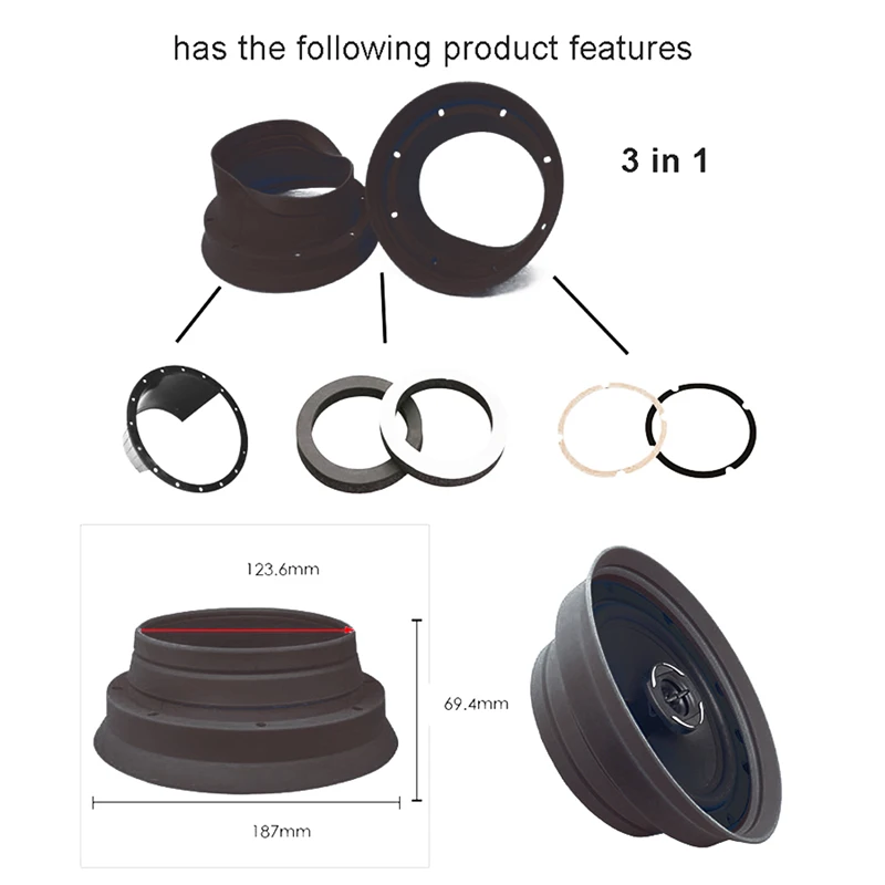

1 Pair Gray-black 6.5" Car Audio Speaker Waterproof Cover Silica Gel Seal Mount Adapter Rings
