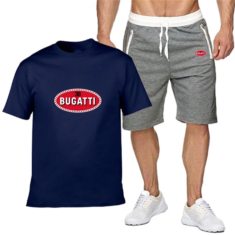 

Летний мужской хлопковый костюм BUGATTI с логотипом машины, коротким рукавом и круглым вырезом + шорты на молнии, костюм из двух предметов для с...