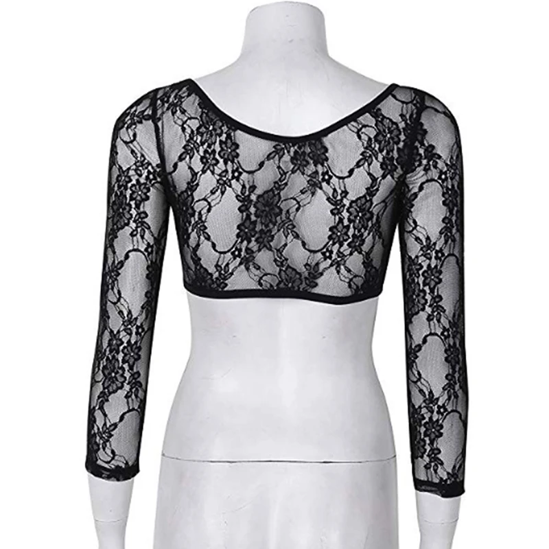 

Sexy Women Lingerie Fashion See Through Floral Lace 3/4 Length Sleeve Slip-on Short Shirts Crop Top for Party Nightwear